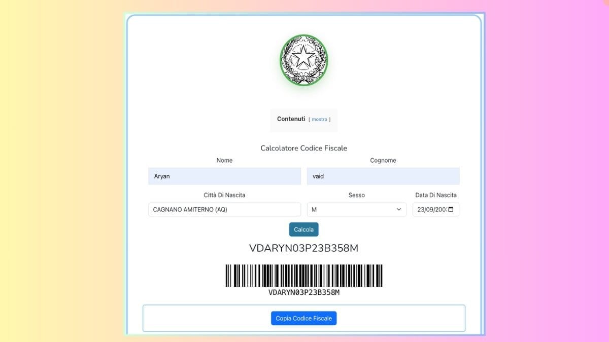 Calcolo codice fiscale online – calcolatore codice a barre